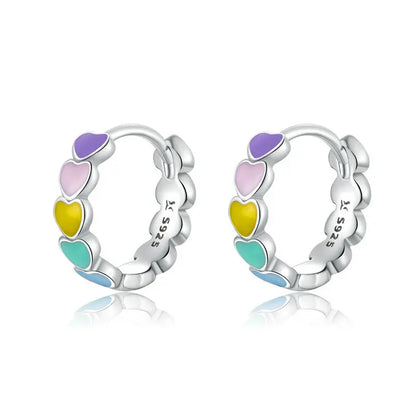 Genuine 925 Sterling Silver Women Multicolor Enamel Heart Hoop Earrings Rainbow Trend Jewelry for Girl Gift SCE909