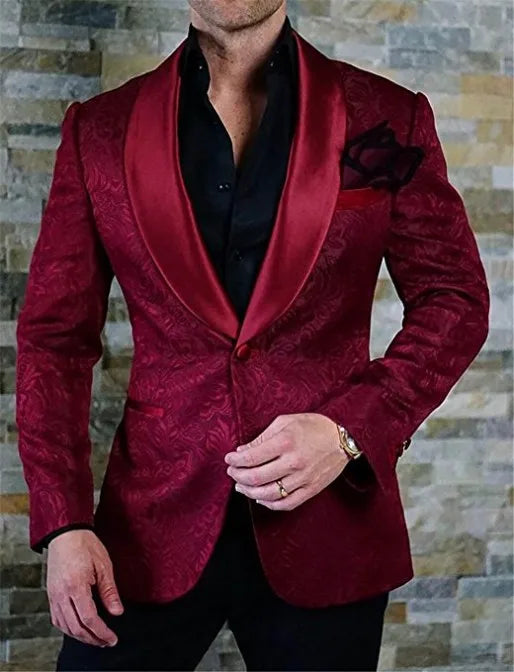 White Pattern Groom Tuxedos Shawl Satin Lapel Men Suits 2 Pieces Wedding Bridegroom ( Jacket + Pants + Tie  ) D201