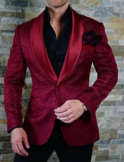 White Pattern Groom Tuxedos Shawl Satin Lapel Men Suits 2 Pieces Wedding Bridegroom ( Jacket + Pants + Tie  ) D201