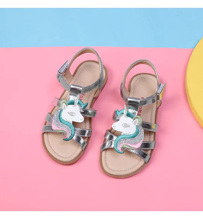 Unicorn girls sandals bright metallic kids girls sandals Adjustable customized fit princess summer shoes