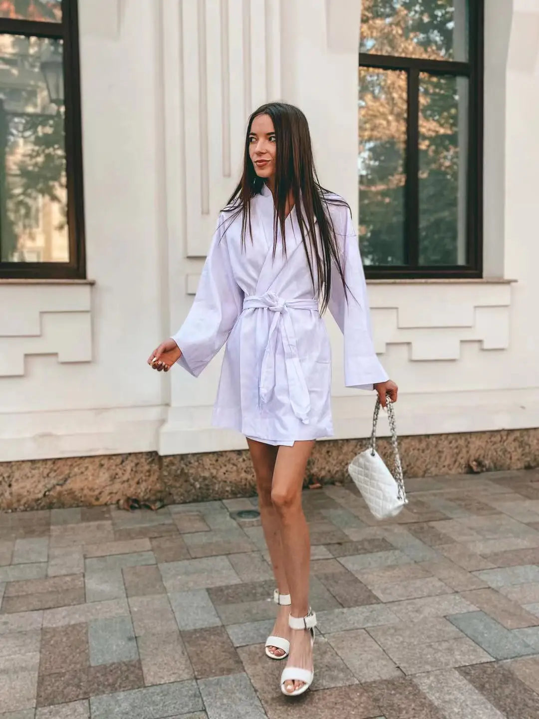 Women's V-Neck Kimono Cardigan Mini Dress Cotton Linen Long Sleeve Sashes Dresses Robe Style Lace Up Summer Loose Vestidos