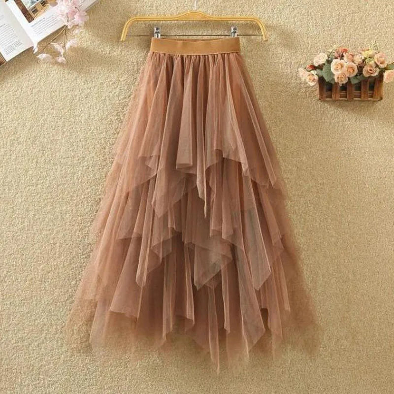 Women Sweet  Midi Spring And Summer High Waist Solid Asymmetrical Elegant Chic White Mesh Tulle Skirts Faldas