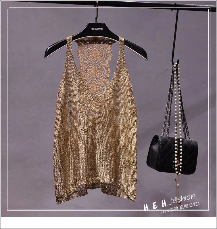 Yan Li  Sexy Shoulders and Heart Leakage Hang Sequined Jacket Neck Lace Knitting Wear Outside Hang Back  Sleeveless Top Women