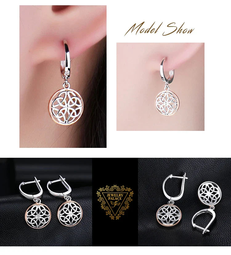 Celtic Knot Irish Rose Gold 925 Sterling Silver Hoop Drop Earrings for Women Fashion Circle Huggies Earrings