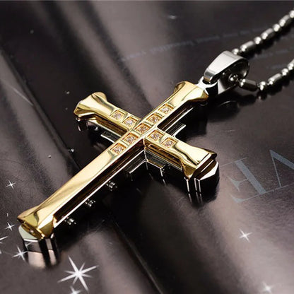 Male Crystal Cross Jesus Pendant Gold/Black/Blue Color Zirconia Necklace Stainless Steel Jewelry