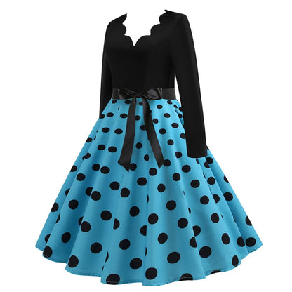 Women Vintage Long Sleeve Polka Dot Dress Spring Autumn New Year Party Dresses 3XL Black Vestidos