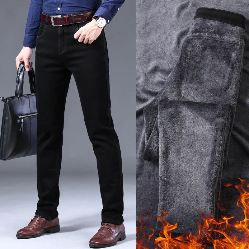 2023 Winter Men Black Blue Straight Stretch Denim Thick Velvet Pants Warm Jeans Casual Fleece Line Trousers Male Plus Size
