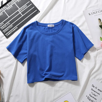 Summer Short Sleeve T Shirts Women  Solid T-shirt O Neck High Waist Crop Top Tee Female Casual Loose T Shirt