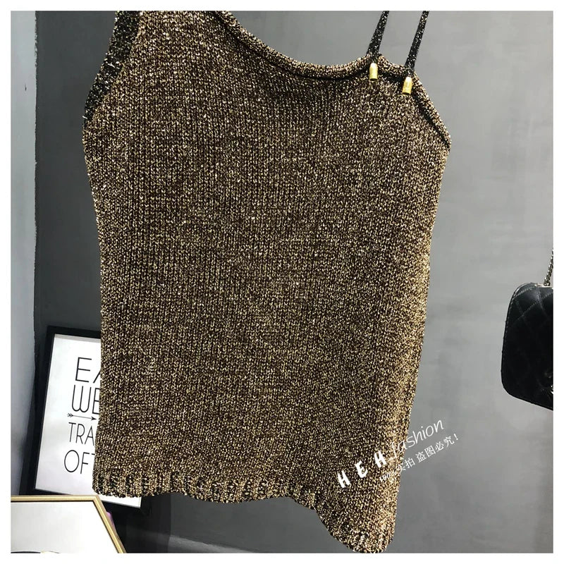 Summer New Sexy Inclined Shoulder Joker Sweater Vest Show Thin Shiny Bright Silk Easy Ins Condole Top Female