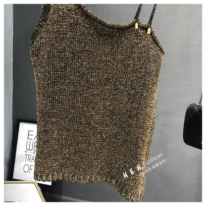 Summer New Sexy Inclined Shoulder Joker Sweater Vest Show Thin Shiny Bright Silk Easy Ins Condole Top Female