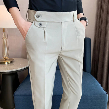 New Men's High Waist Formal Business Small Canvas Straight Zipper Fly Dress Pants Casual Slim Office Pants