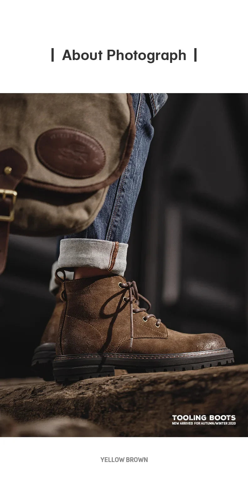 Men Vintage Split Suede Fleece-lined Boots Brown High-Top Work Boots Lace-Up Desert Ankle Rugged Sole Boots Outdoor Shoes