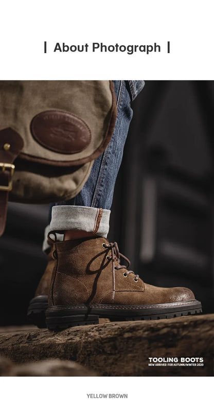 Men Vintage Split Suede Fleece-lined Boots Brown High-Top Work Boots Lace-Up Desert Ankle Rugged Sole Boots Outdoor Shoes