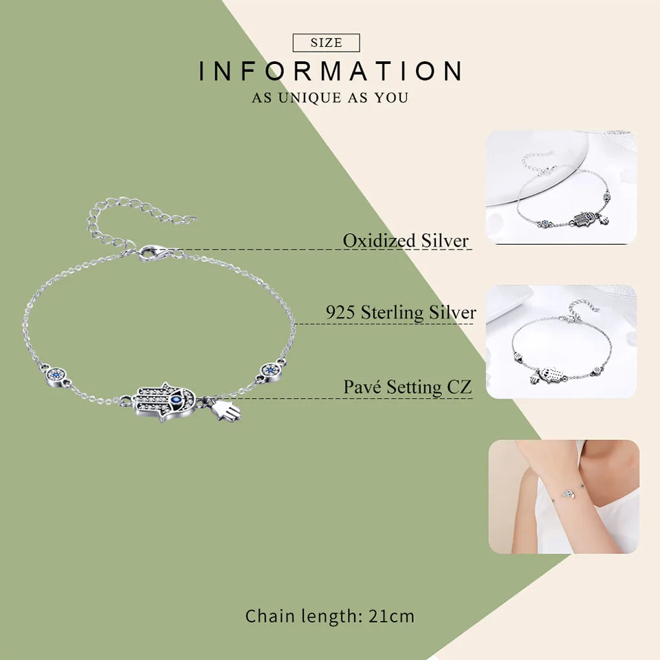 925 Sterling Silver Fatima Hand Lucky Chain Link Bracelet Blue Evil Eye Lobster Clasp Adjustable Hamsa Chain Bracelet
