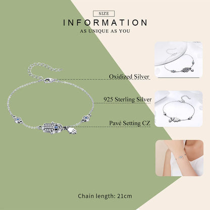 925 Sterling Silver Fatima Hand Lucky Chain Link Bracelet Blue Evil Eye Lobster Clasp Adjustable Hamsa Chain Bracelet