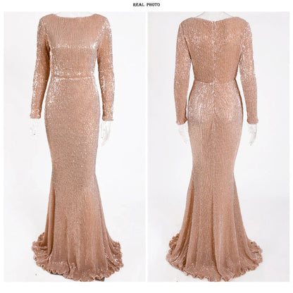 Modest Green Long Sleeve Mermaid Sequin Evening Gown Formal Dress Gold O Neck Stretch Women Wedding Party Maxi Cocktail Dresses