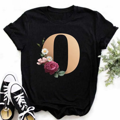 A B C D E English Alphabet Print T Shirt Women New Summer Couples Lovers Female T-Shirt Harajuku Casual Black Tops Tshirts