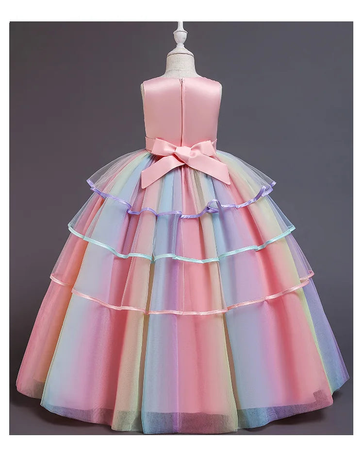 Vestido Longo de Festa de Casamento Unicórnio Arco-Íris para Menina Vestido de Performance de Dança de Personagem de Unicórnio para Festa de Aniversário de Menina Conjunto de Três Peças