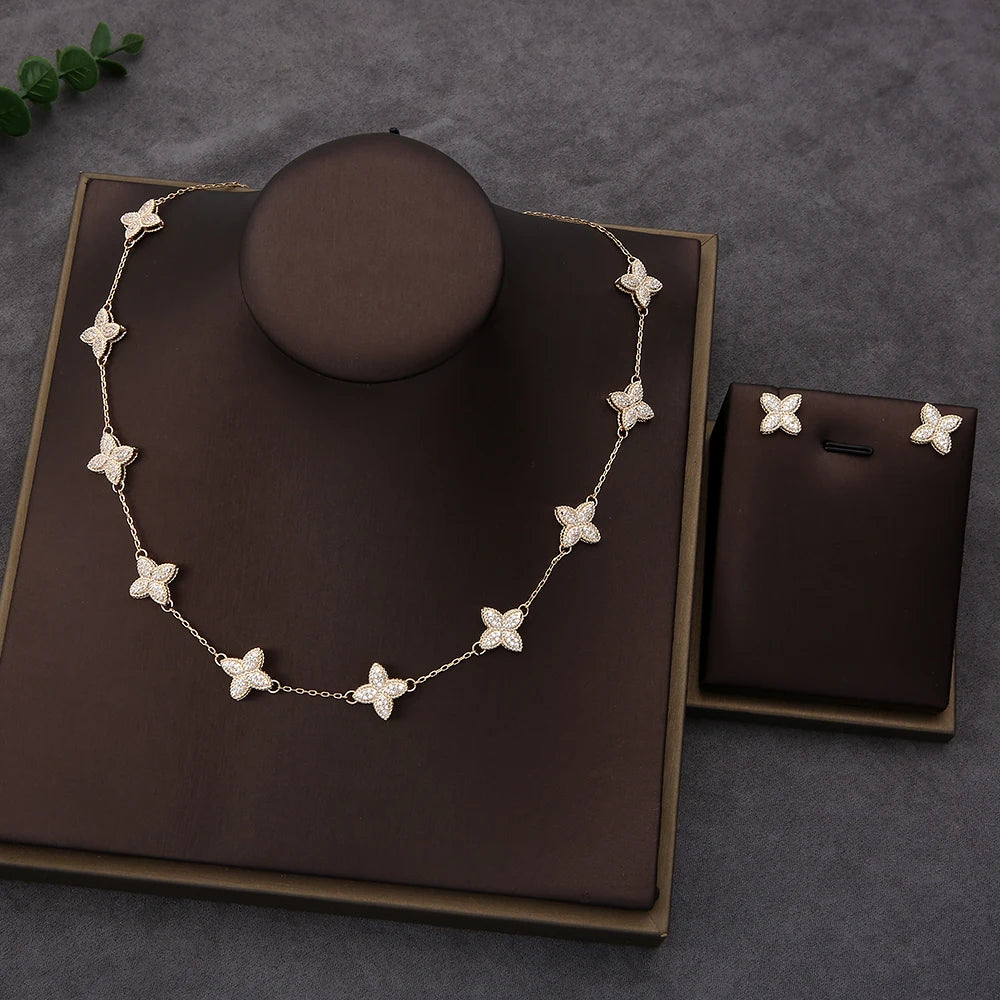 Luxury Flower Statement Necklace earring ring BraceletJewelry Set For Women Wedding Party Full Zircon Dubai Bridal jewelry N0555