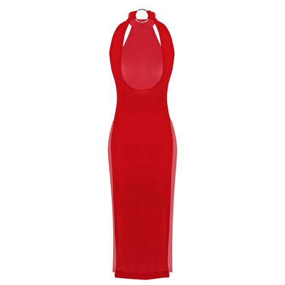 Sexy Women Ultra Thin Hollow Dress Clubwear Halter Neck Sleeveless Backless High Slit Legs Dress Cheongsam Temptation Nightgown
