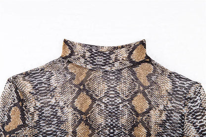 Casual Green Snake Print T Shirt Women Mesh Top Long Sleeve Transparent Snakeskin Female T-shirt High Neck Crop Tops
