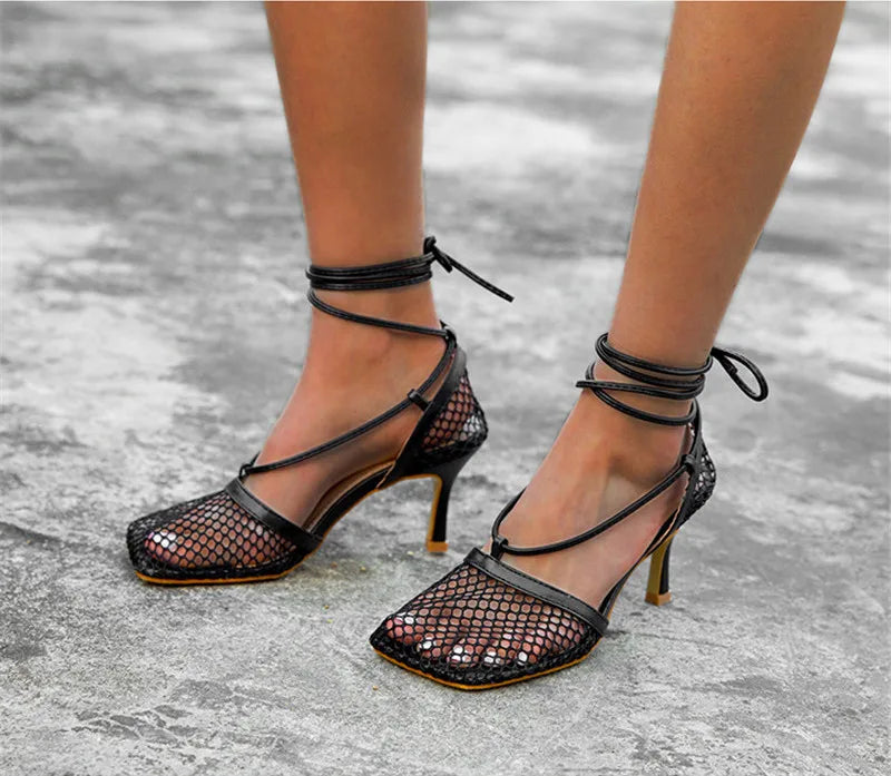 Fashion Hollow Breathable Mesh Square Toe Stiletto High Heels Women Pumps Ankle Lace-Up Elegant Dress Ladies Shoes
