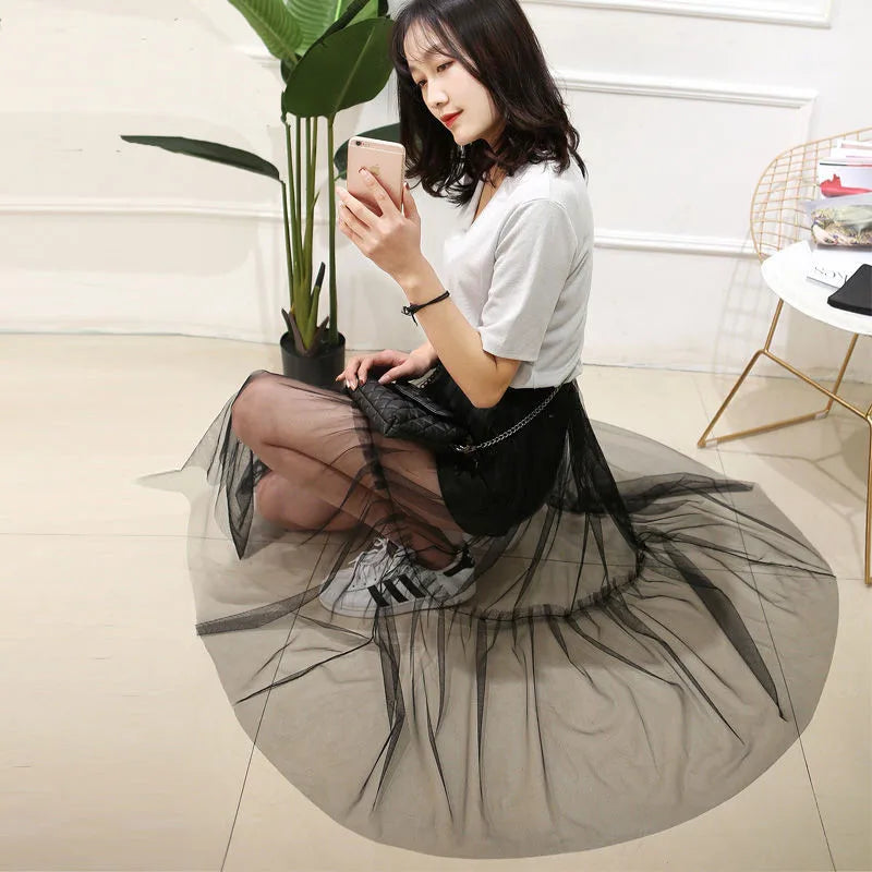 2020 Women Sexy Mesh Transparent Long Tulle Skirt Korean Fashion Summer Ladies Elastic High Waist Black White Beach Midi Skirt