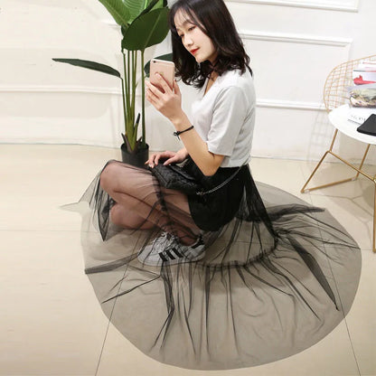 2020 Women Sexy Mesh Transparent Long Tulle Skirt Korean Fashion Summer Ladies Elastic High Waist Black White Beach Midi Skirt
