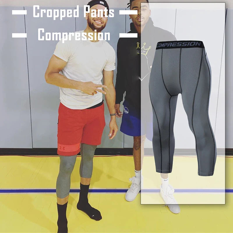 Men's Sports 3/4 Cropped Pants Gym Running Leggings Male Joggings Elastic Compressions Sweatpant Football Basketball Trousers