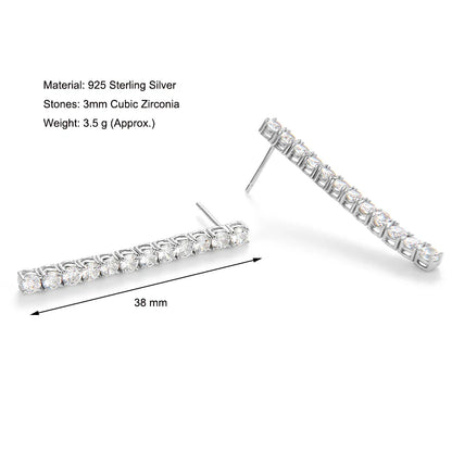 Real Sterling Silver 3mm Round Cubic Zirconia 38mm Height Dangle Design Solid 925 Metal Jewelry Tennis Earrings