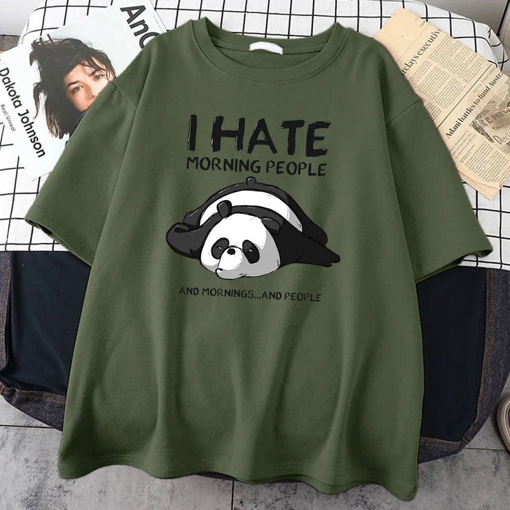 Lazy Panda I Hate Morning People Cartoons Men Clothing Casual All-math Cotton T-Shirts Oversize Breathable Mans Short Sleeve