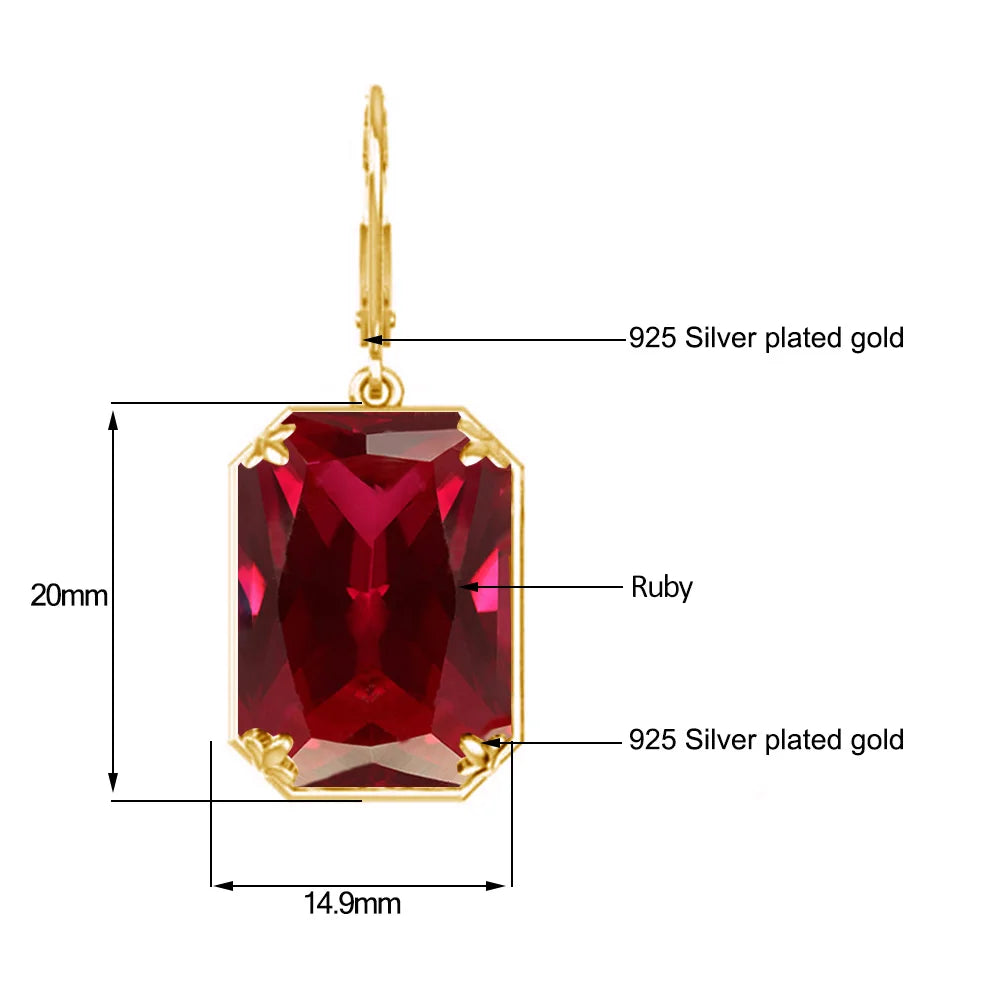 Vintage Ruby Drop Earrings 18K Gold Plated Women Luxury Hanging 925 Sterling Silver Hoop Earrings Engagement Fine Jewelry Gift