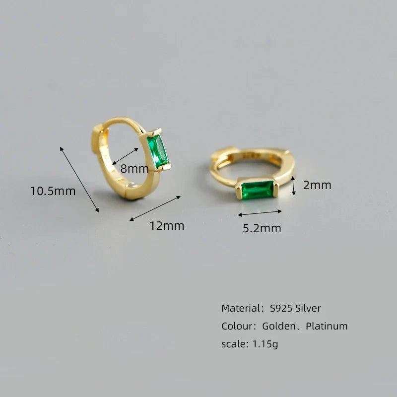 925 Sterling Silver Colorful Square Shiny Zircon Beads Piercing Stud Earrings for Women Fashion Gothic Exquisite Jewelry