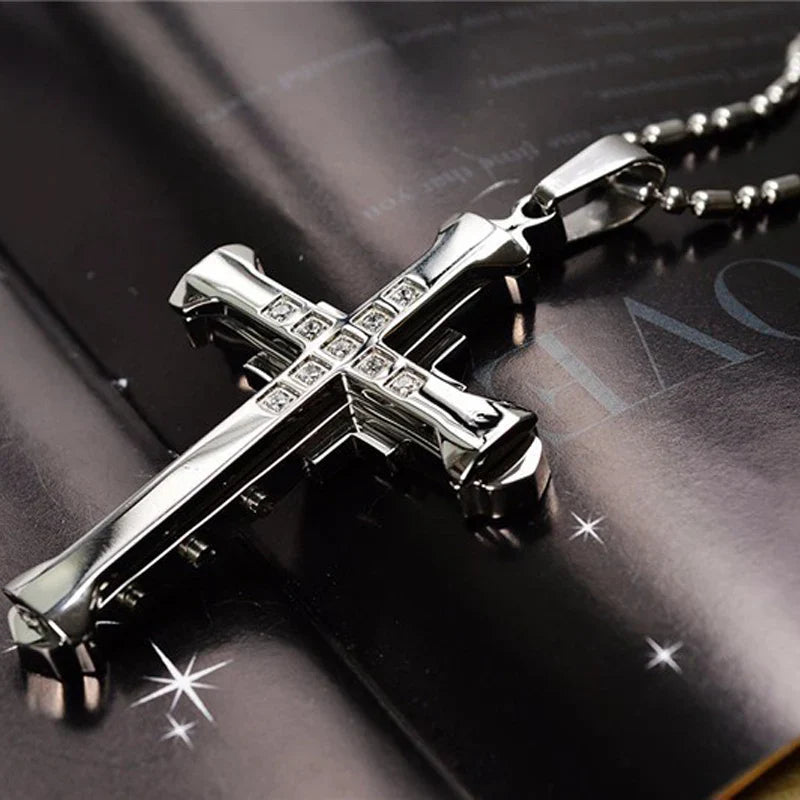 Male Crystal Cross Jesus Pendant Gold/Black/Blue Color Zirconia Necklace Stainless Steel Jewelry