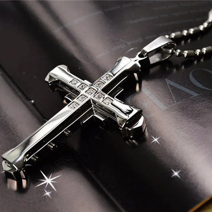 Male Crystal Cross Jesus Pendant Gold/Black/Blue Color Zirconia Necklace Stainless Steel Jewelry