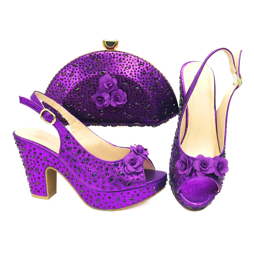 Italian Women Shoes and Bag Set Decorated with Rhinestone In Party African Italian Shoes and Bag Set Party Shoes Bag