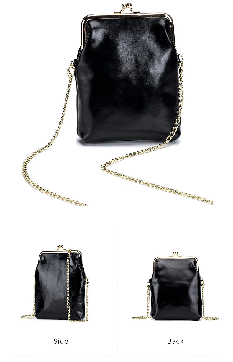 Vintage Genuine Leather Women Clip Bags Small Chain Crossbody Bag Fashion Kiss Lock Phone Bags High Quality Daily Purse Bag