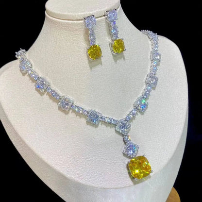 Square Bright Yellow and Green Color Drop Earrings Necklace For Women Jewelry Set  Bridal Wedding Accessories  X0185