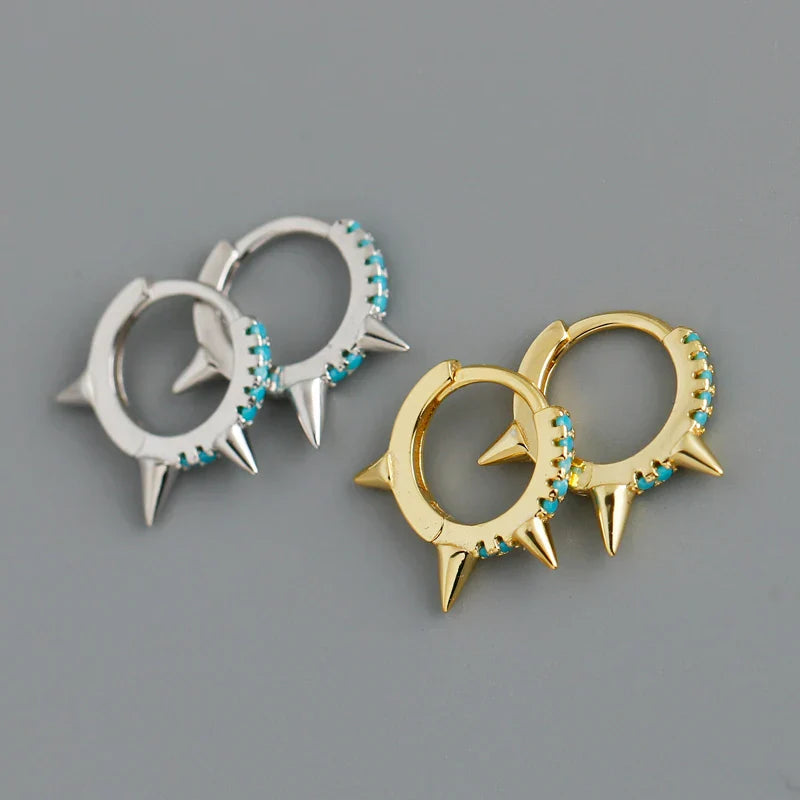 New Arrival Fashion Korean Blue Zircon Spike Geometric Stud Earrings for Women Real 925 Sterling Silver Gothic Jewelry