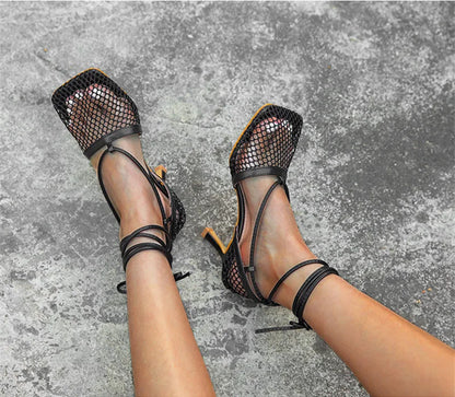 Fashion Hollow Breathable Mesh Square Toe Stiletto High Heels Women Pumps Ankle Lace-Up Elegant Dress Ladies Shoes