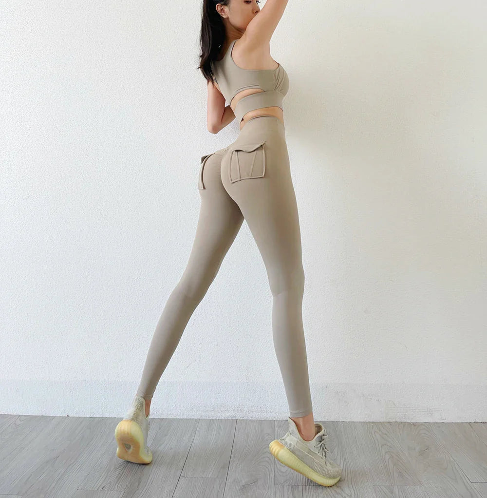 TRY TO BN Fitness Sports Set Women's Tracksuit 2 Piece Suit Yoga High Waist Leggings With Pocket Bra Workout Gym Outfit Clothes