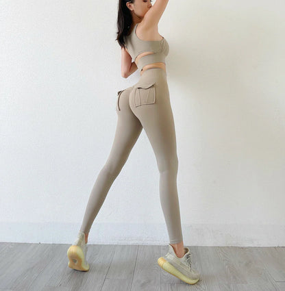 TRY TO BN Fitness Sports Set Women's Tracksuit 2 Piece Suit Yoga High Waist Leggings With Pocket Bra Workout Gym Outfit Clothes