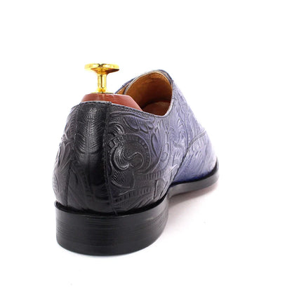 2022 Classic Men Oxford Dress Shoes Real Leather Flower Print Cap Toe Lace Up Buckle Blue Wedding Party Formal Footwear for Men