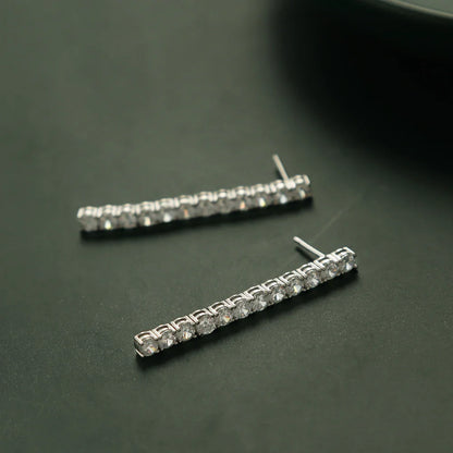 Real Sterling Silver 3mm Round Cubic Zirconia 38mm Height Dangle Design Solid 925 Metal Jewelry Tennis Earrings