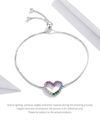 925 Sterling Silver Colorful Heart Pattern Adjustable Bracelet Love Zircon Chain for Women Fine Jewelry SCB216