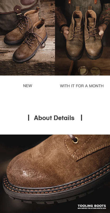 Men Vintage Split Suede Fleece-lined Boots Brown High-Top Work Boots Lace-Up Desert Ankle Rugged Sole Boots Outdoor Shoes