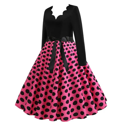 Women Vintage Long Sleeve Polka Dot Dress Spring Autumn New Year Party Dresses 3XL Black Vestidos