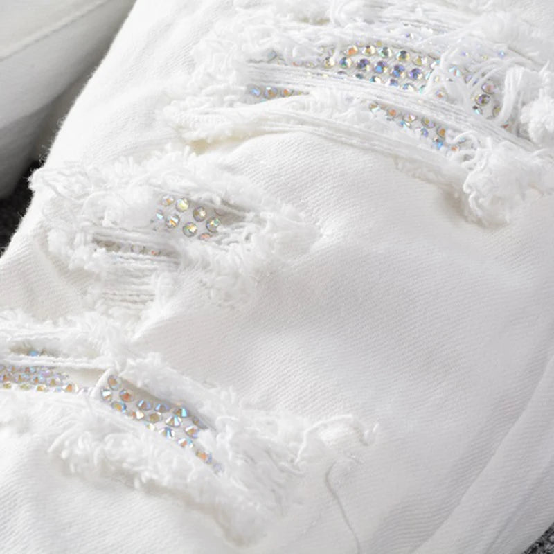 Men's White Crystal Holes Ripped Jeans Fashion Slim Skinny Rhinestone Stretch Denim Pants