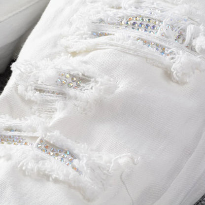 Men's White Crystal Holes Ripped Jeans Fashion Slim Skinny Rhinestone Stretch Denim Pants