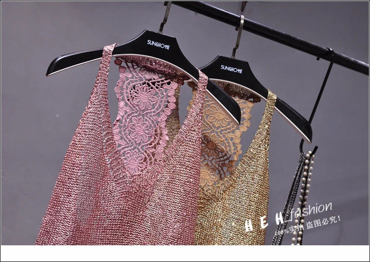 Yan Li  Sexy Shoulders and Heart Leakage Hang Sequined Jacket Neck Lace Knitting Wear Outside Hang Back  Sleeveless Top Women